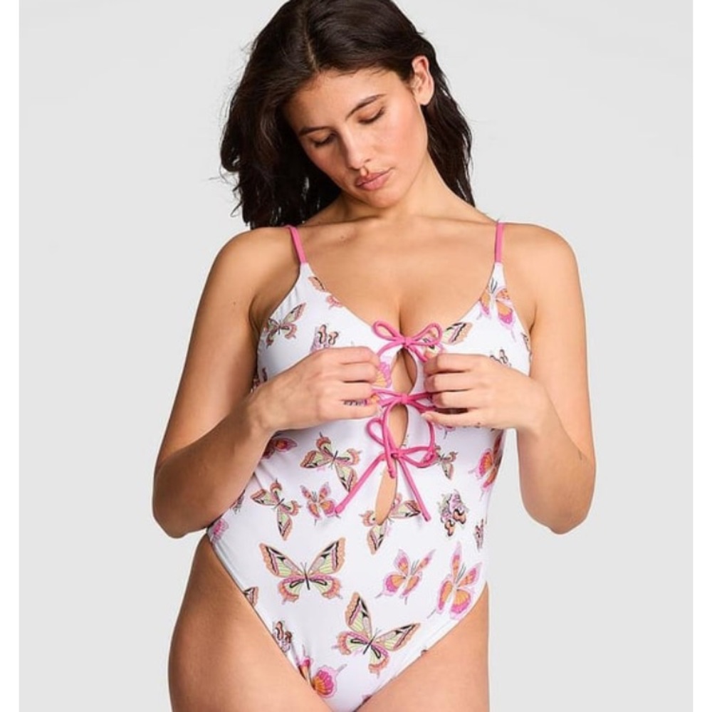 White Butterfly One-Piece Swimsuit with Pink Ties NWT